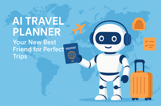 llustration of an AI trip planner helping with travel bookings, flights, and itineraries