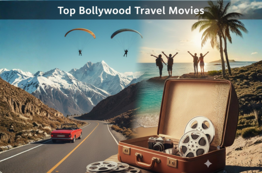 Realistic Bollywood travel movie cover image with mountains, beaches, road-trip car, suitcase, and silhouettes.