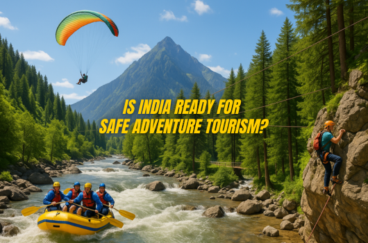 A vibrant collage of popular adventure sports in India including paragliding, river rafting, ziplining, trekking, and bungee jumping.