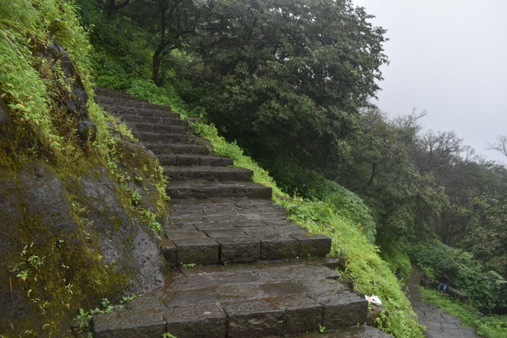 Stairs at lohgad fort during monsoon in lonavala